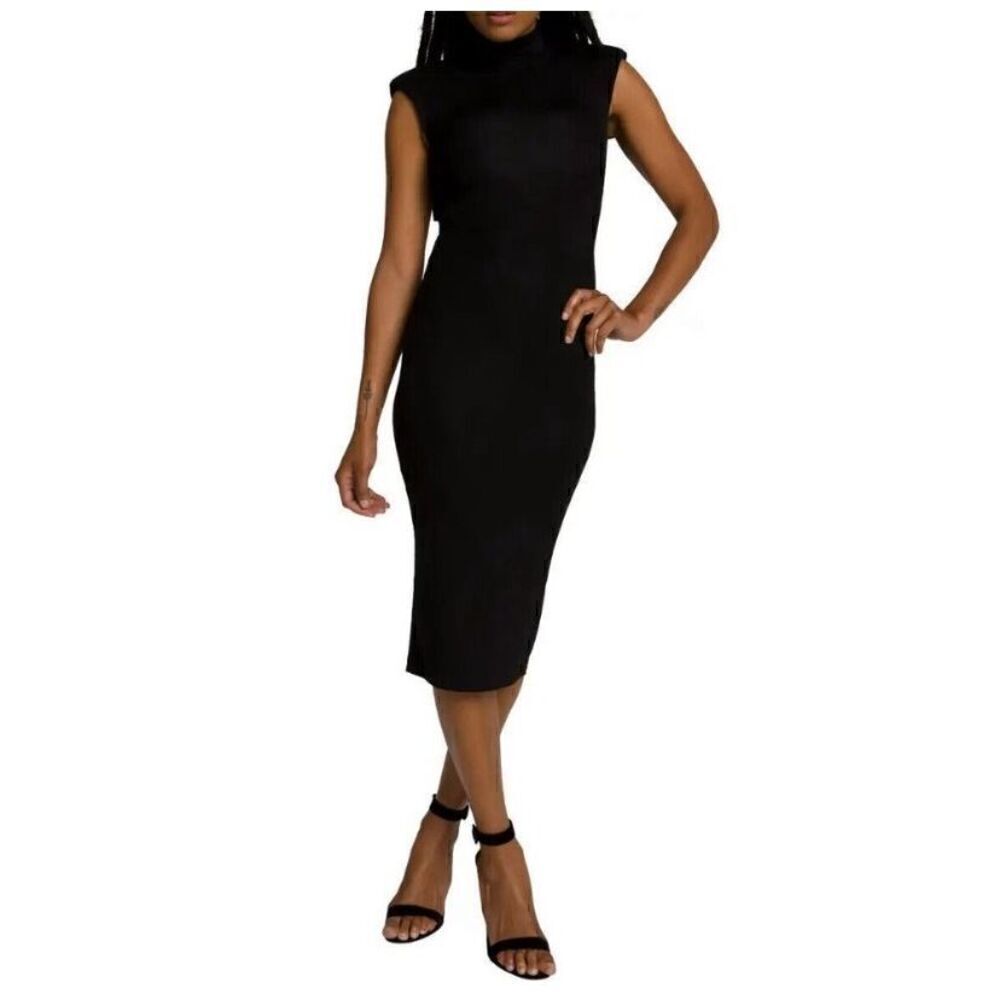 GOOD AMERICAN Black Sleeveless Mock Neck Midi Dress Size medium Ribbed Sheath